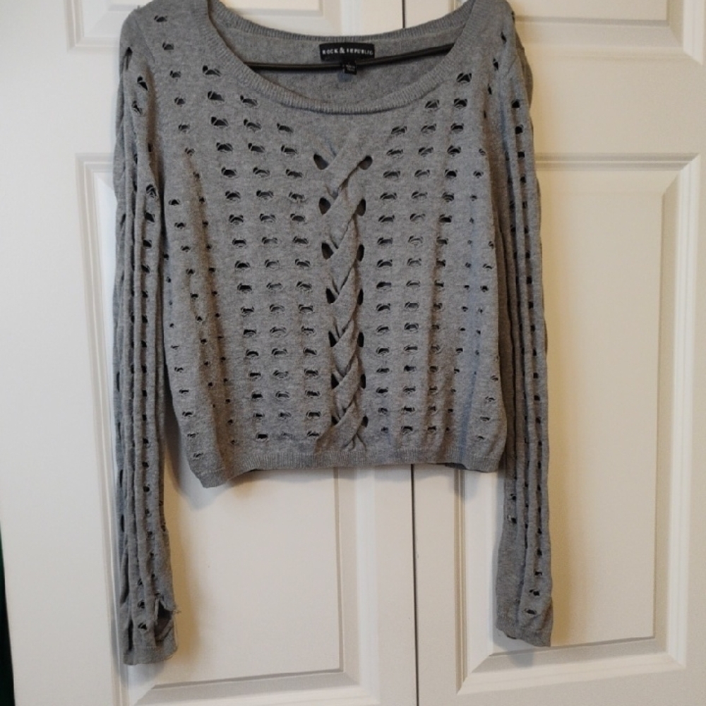 Rock & Republic Gray Crew Neck Sweater with Open-Weave Design